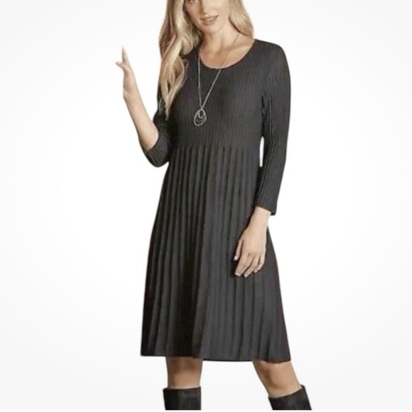 Eileen Fisher Gray Wool Fit Flare Pleated 3/4‎ Sleeve Dress Size PP - Picture 1 of 12